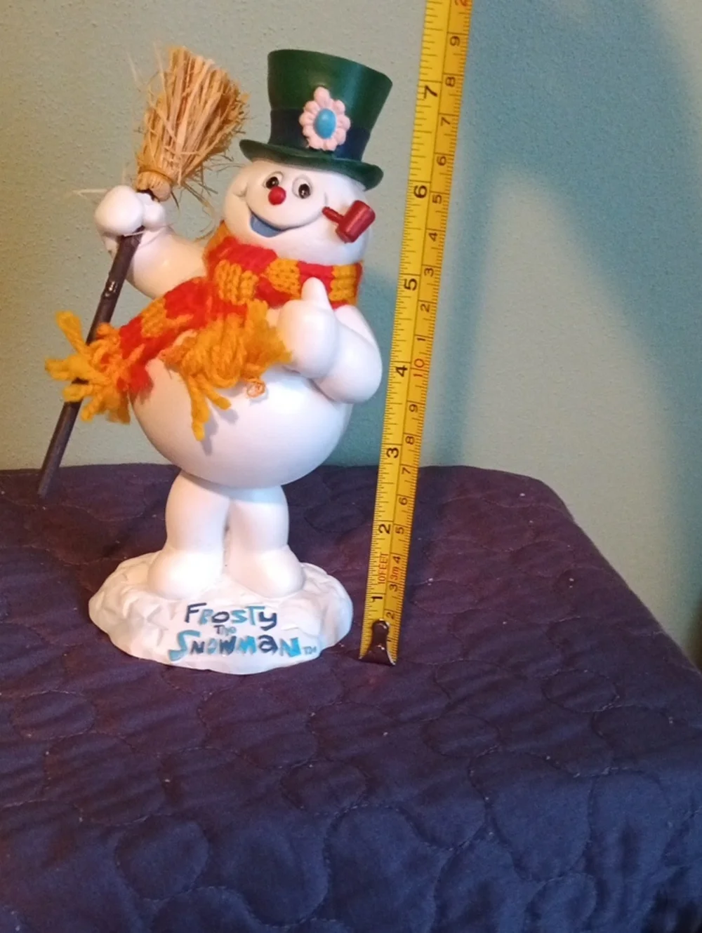 Frosty the Snowman Bobble Figurine with Green Top Hat and Yellow-Orange Scarf